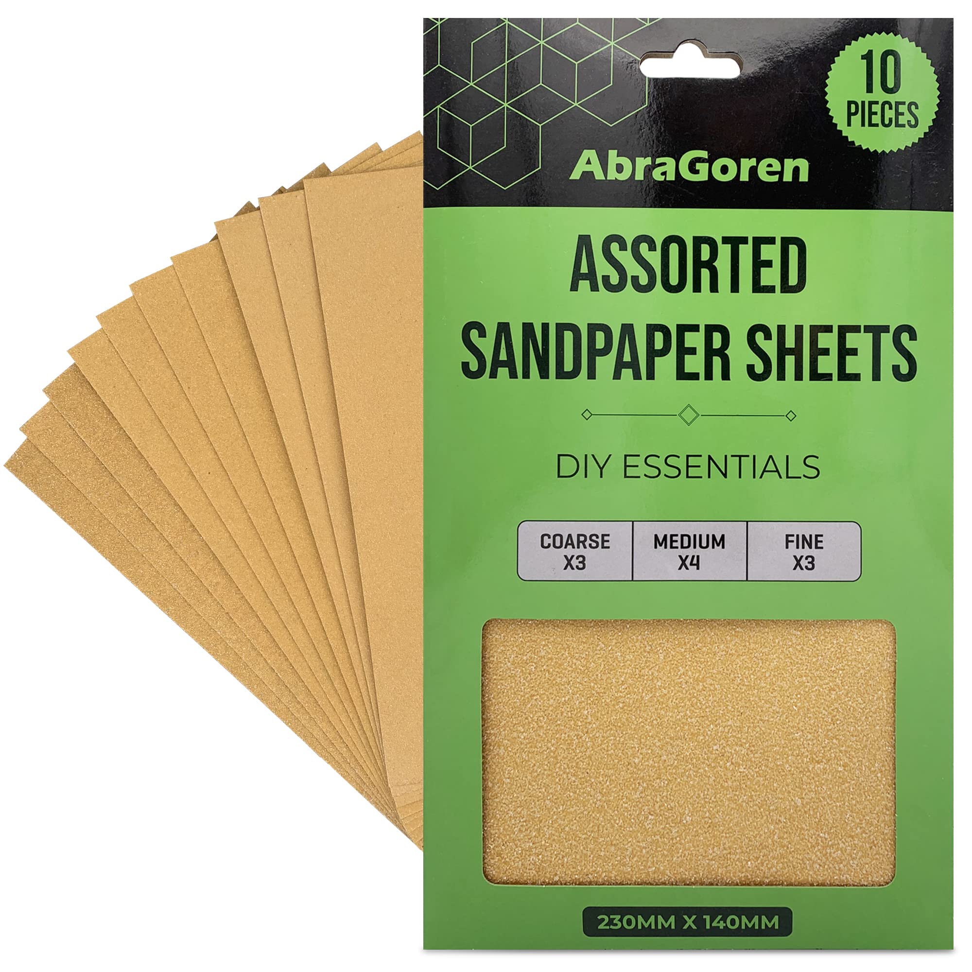 Pack of 10 Sand Paper Sheets - Mixed Grits, 3x Fine, 4x Medium, 3x Coarse - Asso