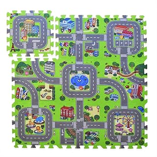 Exultimate Play Mat Road Toy Foam Playmat Interlocking Floor Puzzle Road Playroom Mat Interactive Play Set (9 Piece Set Zoo)