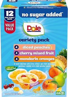 Dole Diced Peaches, Mandarin Oranges & Cherry Mixed Fruit, 4 oz, 12 Pack | No Sugar Added Variety Pack, Fruit Bowls Snacks