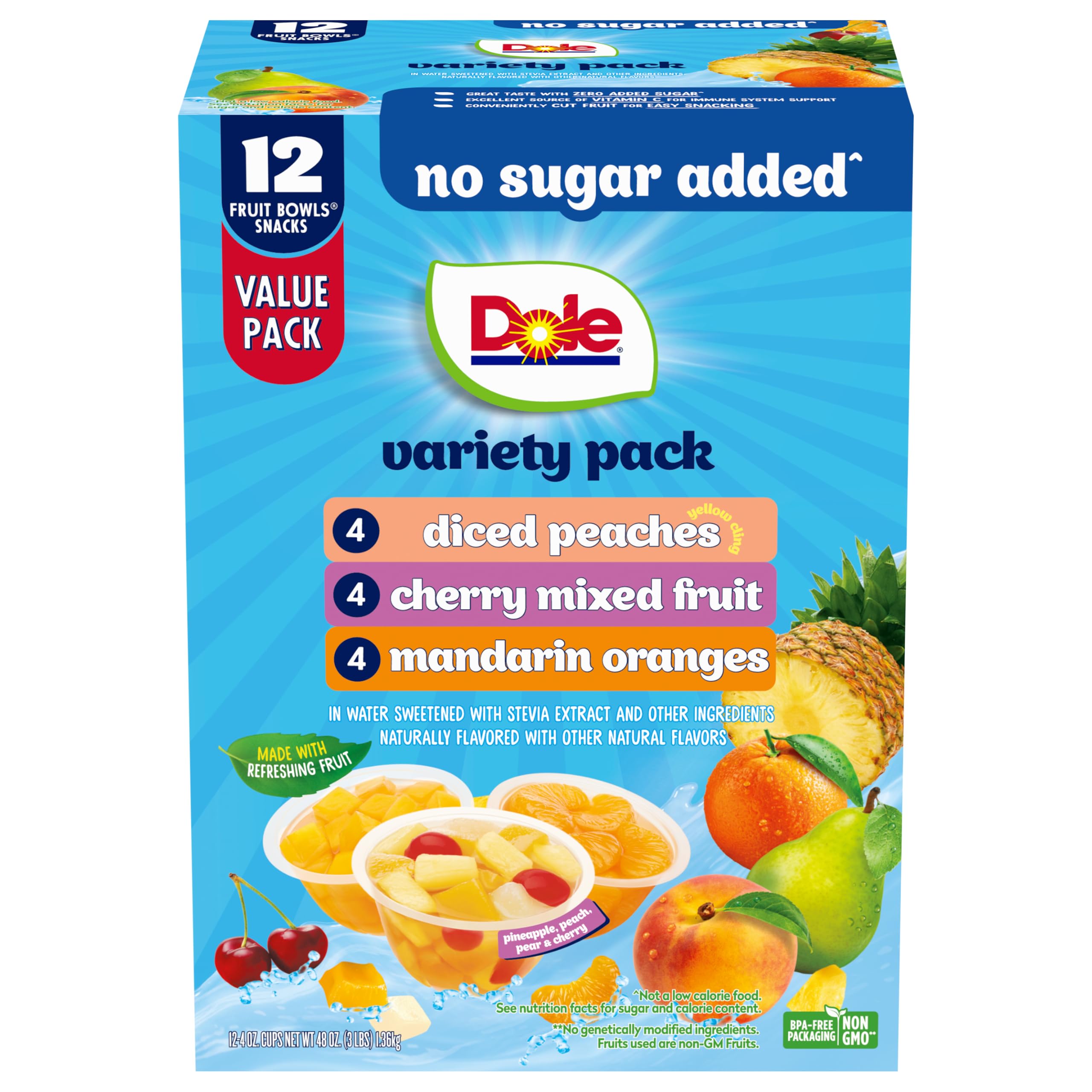 Dole Diced Peaches, Mandarin Oranges & Cherry Mixed Fruit, 4 oz, 12 Pack | No Su