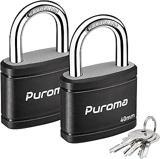 Puroma 2 Keyed Padlock with 3 Keys 7/8" School Locker Lock Gate 40mm Black | For Gym Locker Gate Outdoor, Keyed Alike, Hardened Steel Shackle, Weather-resistant, Resist cut & pry, Multi-pin cylinders