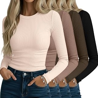 Neer 4 Pack Women's Ribbed Long Sleeve Shirts Cotton Basic Tops