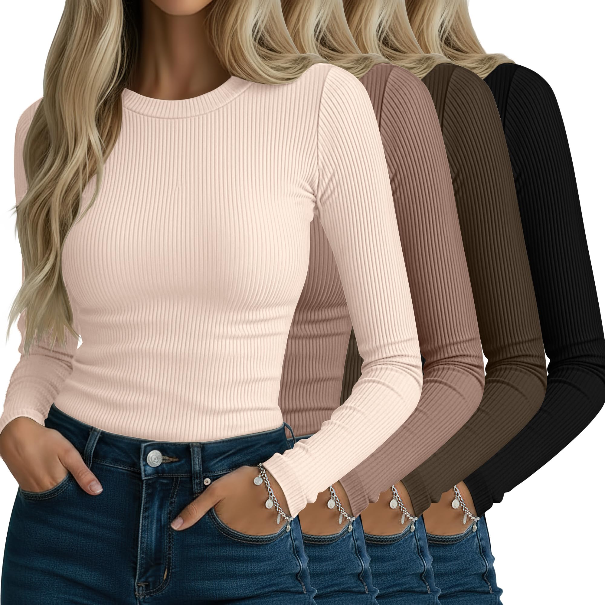 Neer 4 Pack Women's Ribbed Long Sleeve Shirts Cotton Basic Tops