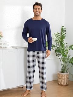 2026 NUOVO pigiama da uomo a maniche lunghe girocollo con pantaloni pigiama scozzesi