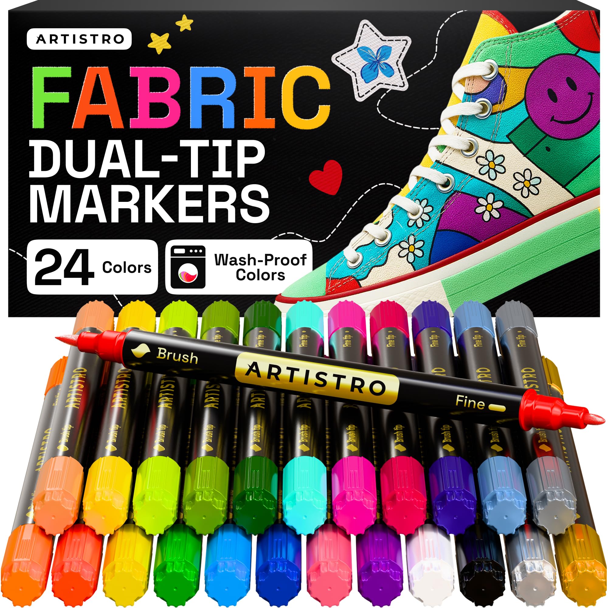 ARTISTRO 24 Multicolor Dual-Tip Fabric Markers Decorating Kit, for Clothes | Bru
