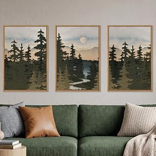 HPNIUB Set di stampe artistiche da parete su tela con cornice di montagna vintage, stampe artistiche bohémien all'alba, dipinti artistici con foresta, natura, natura selvaggia, decorazione astratta da