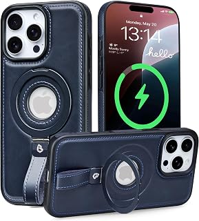 Butaiga for iPhone 16 Pro Case Leather Strap with Ring Stand, Blue