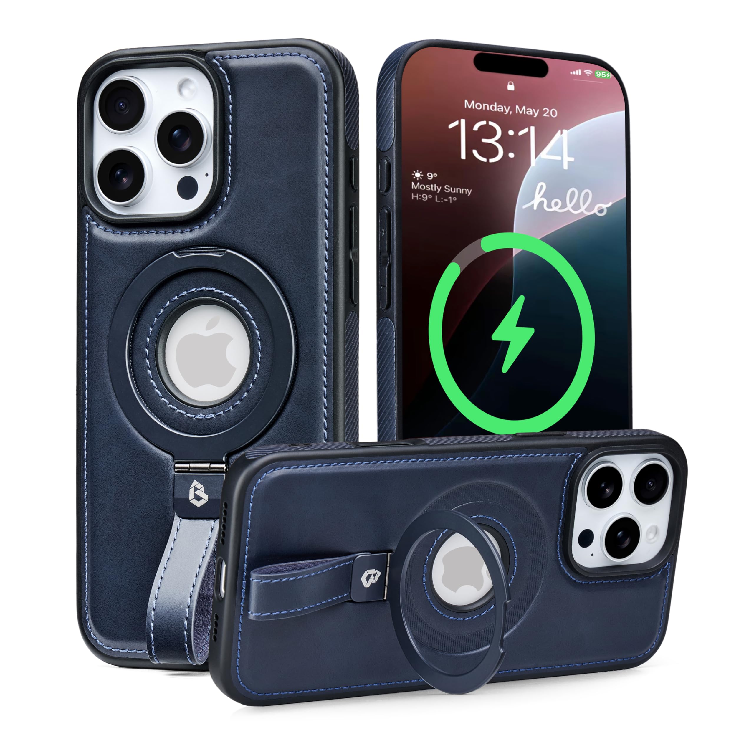 Butaiga for iPhone 16 Pro Case Leather Strap with Ring Stand, Blue