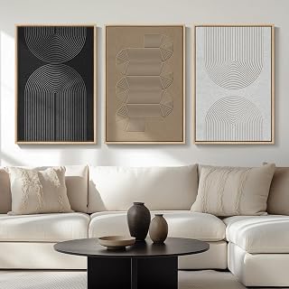 Large Framed Boho Black White Abstract Wall Art for Living Room, 24x36 In | Set of 3 Neutral Canvas Prints, Modern Minimalist Artwork, Geometric Pictures, Office Bedroom Hallway Paintings Wall Decor