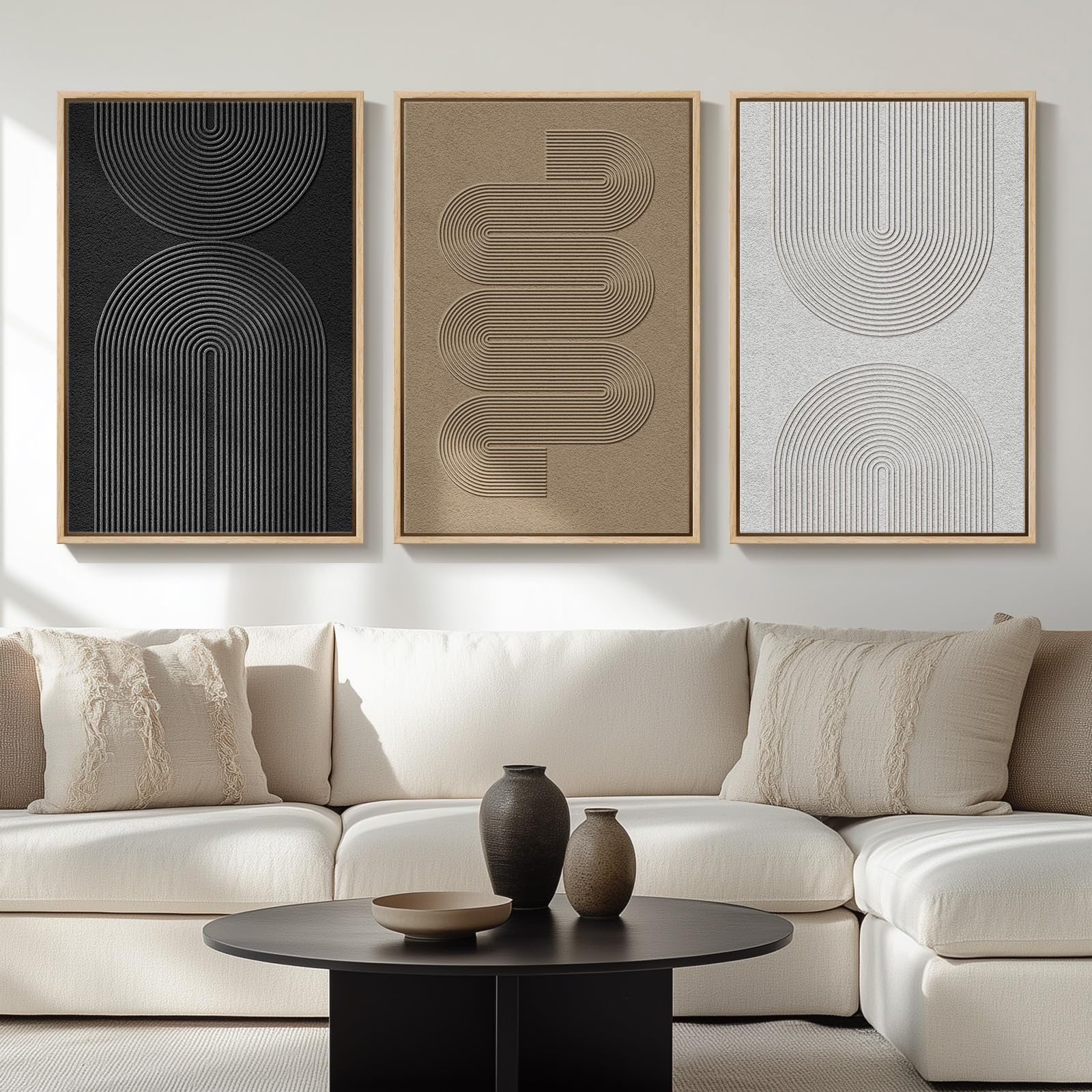 Large Framed Boho Black White Abstract Wall Art for Living Room, 24x36 In | Set 