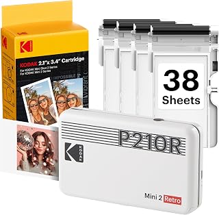 KODAK Mini 2 Retro 2x3 Portable Photo Printer, 4PASS, 38 Sheets, White | Bluetooth, iPhone & Android Smartphone Compatible, Smudge-Proof, Water-Resistant, Fade-Resistant.