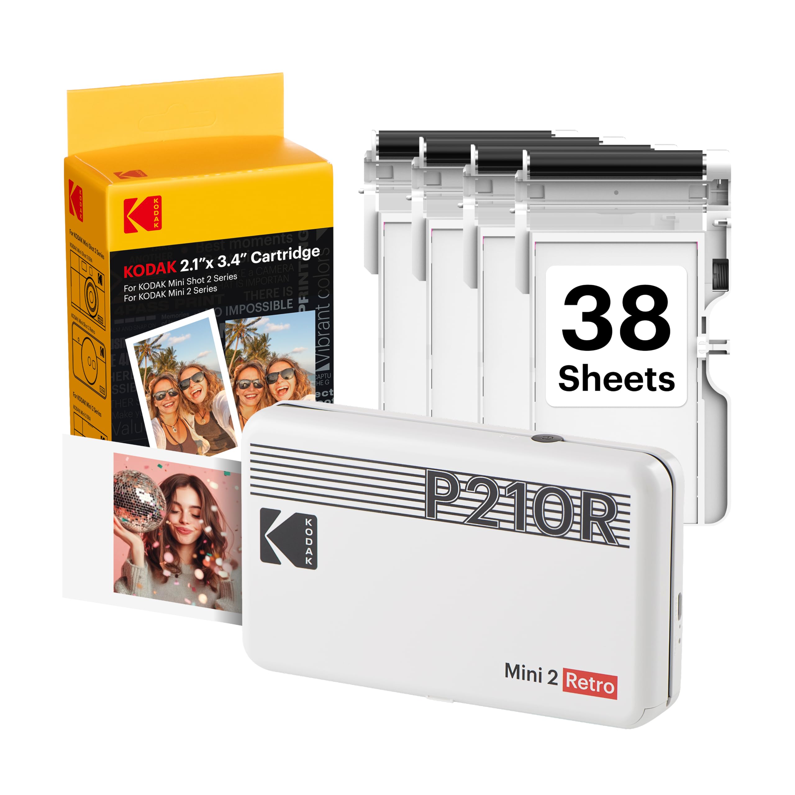 KODAK Mini 2 Retro 2x3 Portable Photo Printer, 4PASS, 38 Sheets, White | Bluetoo