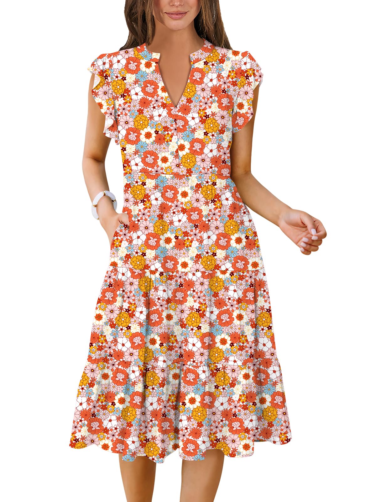 ANRABESS Summer Dresses for Women Ruffle Sleeve V Neck Midi Dress Fashion Casual