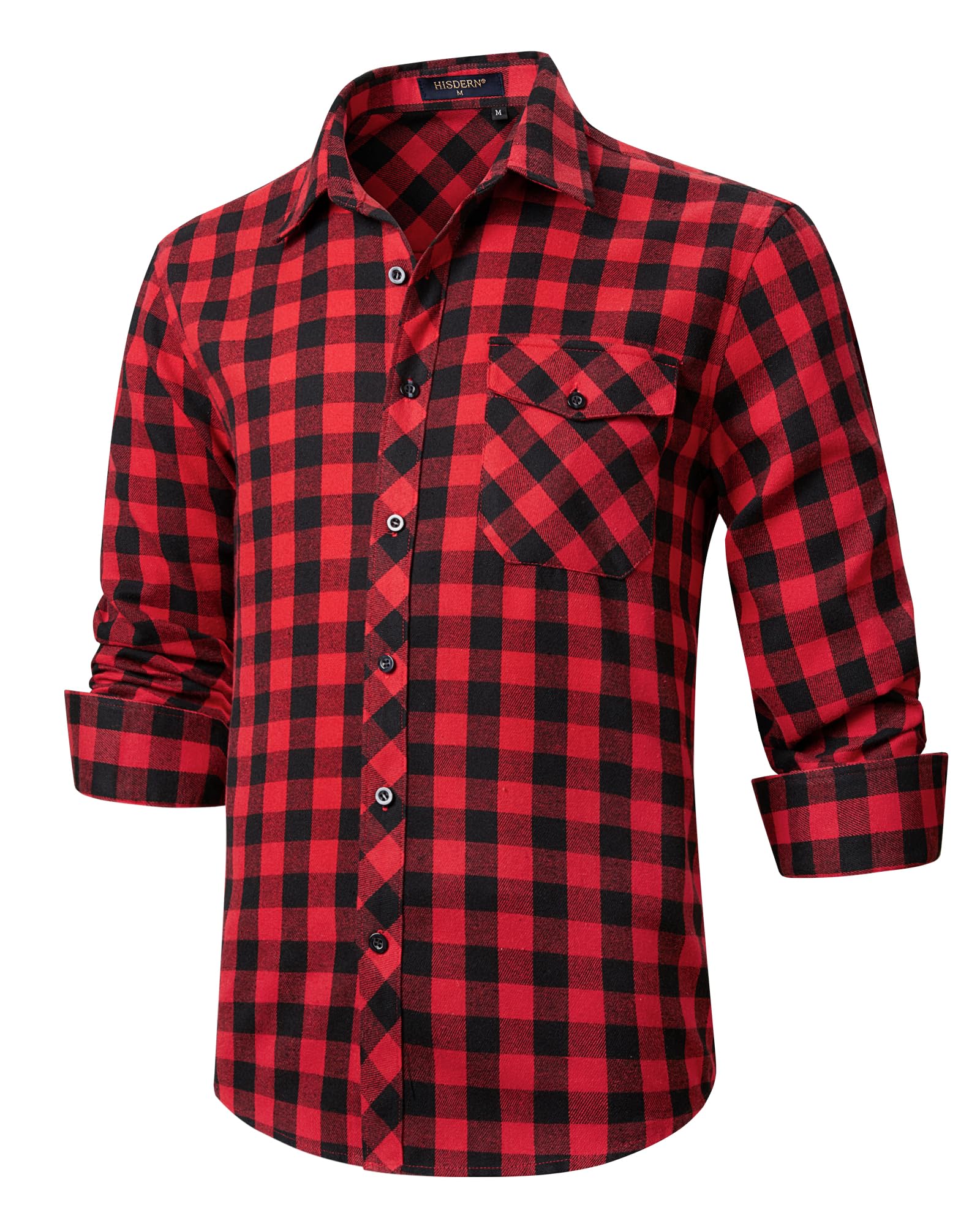 HISDERN Men's Long Sleeve Casual Plaid Flannel Shirt Checked Tartan Button Down 