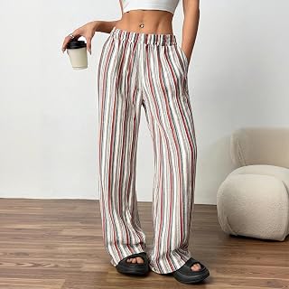 Women Linen Pants Wide Leg Striped Pant Elastic Waist Casual Lounge Loose Track Trousers with Side Pockets
