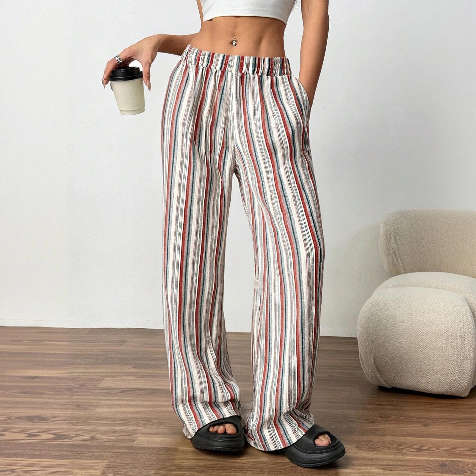 Women Linen Pants Wide Leg Striped Pant Elastic Waist Casual Lounge Loose Track 