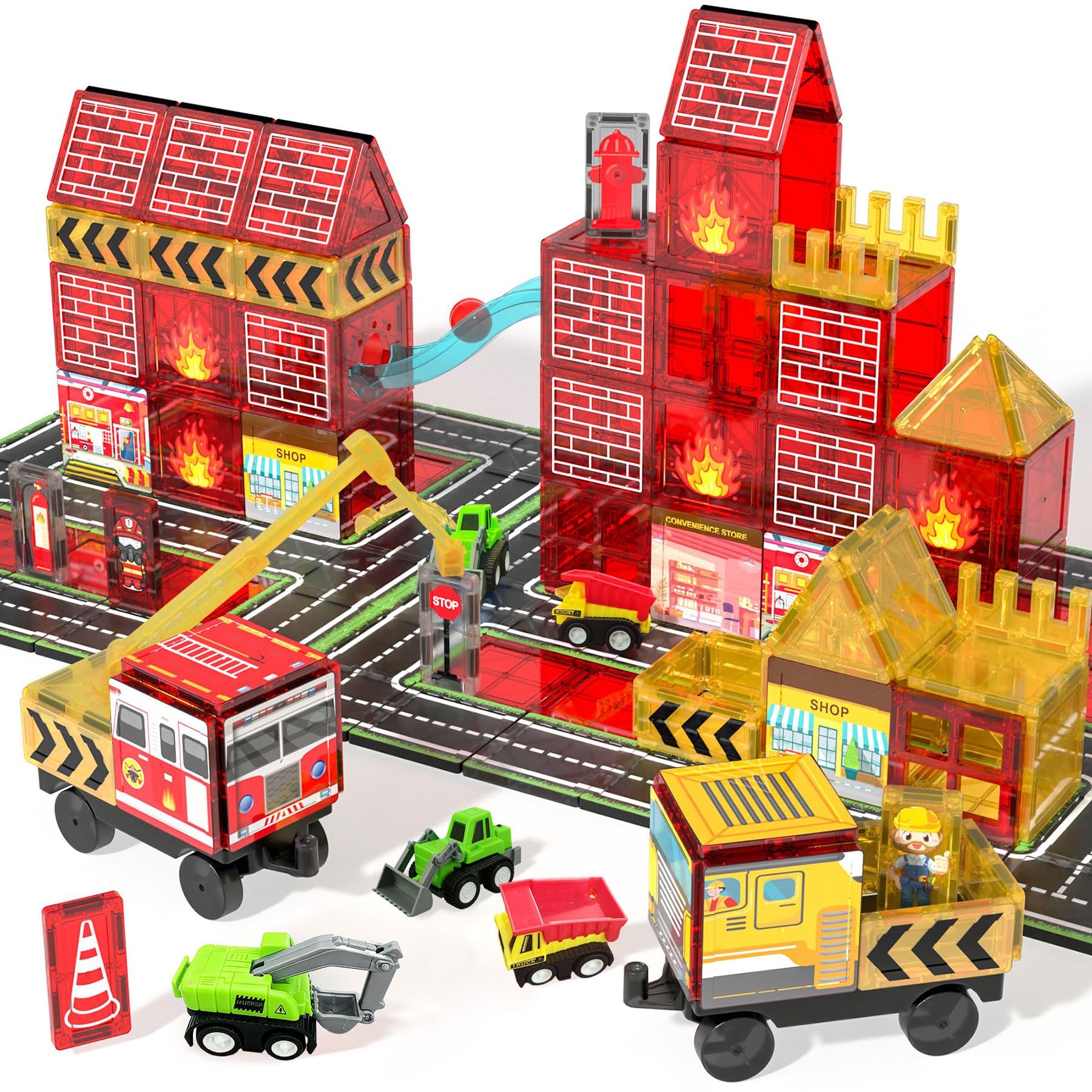Magnetic Tiles Fire Truck Set,Magnet Blocks for Kids Ages 4-8 Boy STEM Toys | Ci