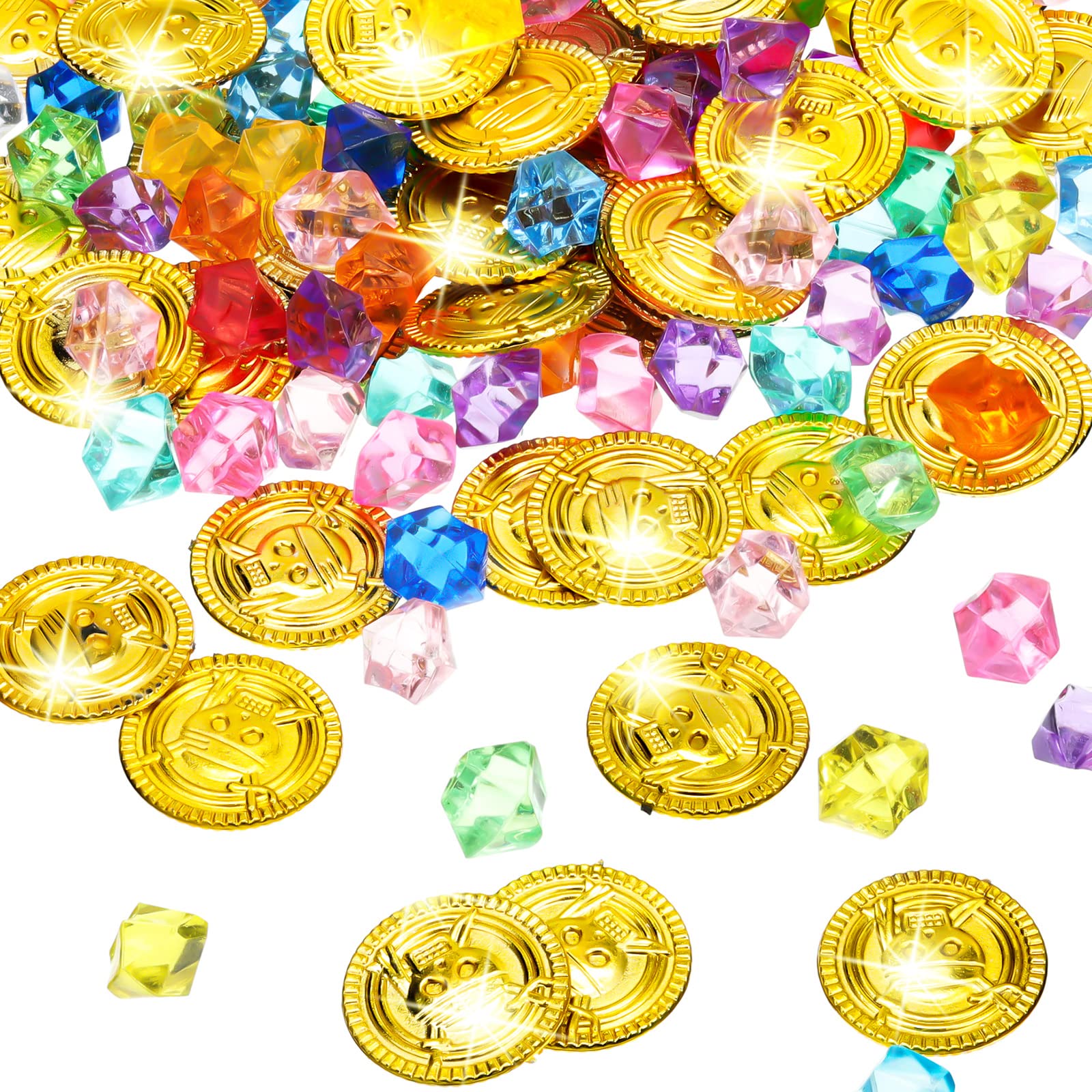 Hanaive 150 Pcs Plastic Pirate Gold Coins Fake Gems Set,Retro Style,Gold | Acryl