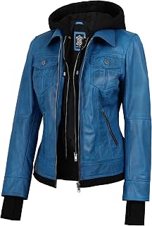 fjackets Genuine Leather Jacket Women - Real Lambskin Hooded Moto Jacket with Removable Hood