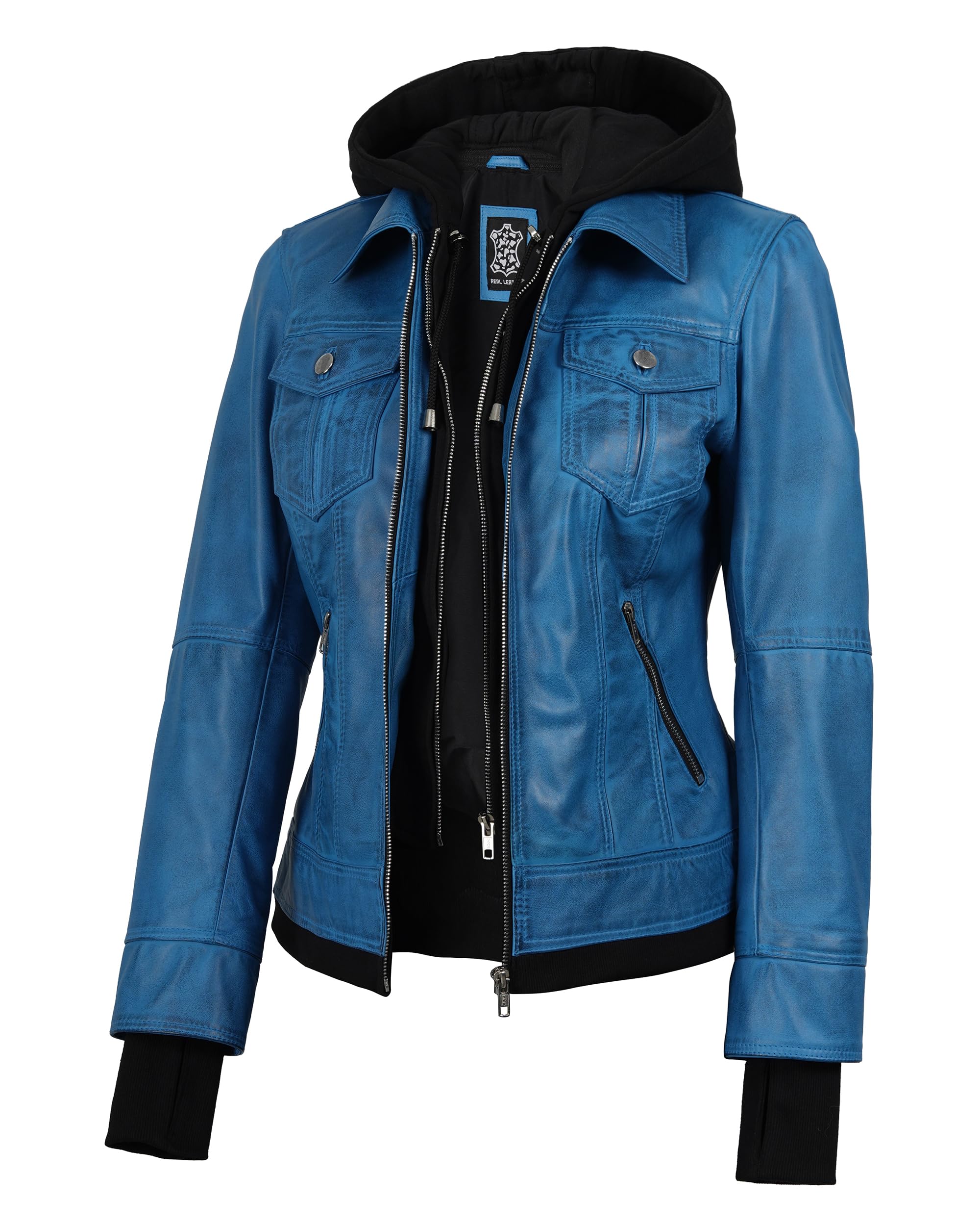 fjackets Genuine Leather Jacket Women - Real Lambskin Hooded Moto Jacket with Re