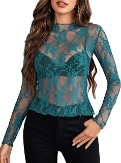 Avidlove Women Mesh Blouse Long Sleeve Mock Neck Sheer Floral Lace