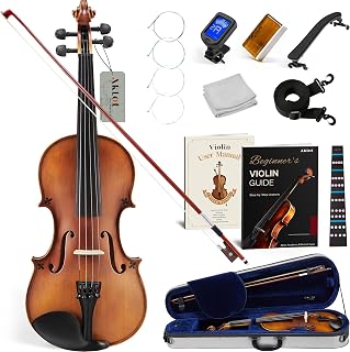 AKLOT Handcrafted Full Size Violin: Solid Wood Matte Fiddle, Acoustic Beginner 4/4 Violin Kit with Hard Case, Lesson Book, Bow, Shoulder Rest, Extra Strings, Tuner, Fretboard Stickers (VRT-AmiMS)