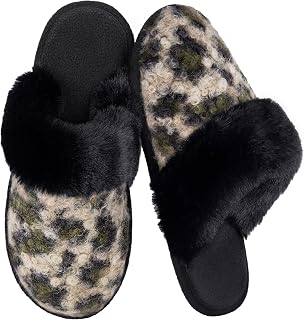 ULTRAIDEAS Pantuflas peludas con estampado de leopardo para mujer, cálidas, acogedoras, de espuma viscoelástica, suela de goma, zapatos de casa para interiores y exteriores, pantuflas de felpa para
