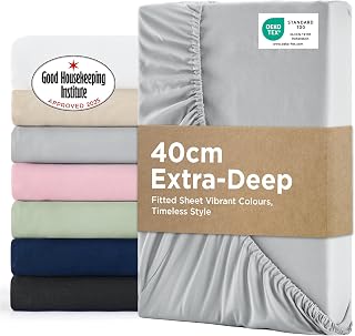 Bedsure Double Fitted Sheet Deep - 40cm Pocket, Grey, 135x190cm | Soft Breathable Brushed Finish Smooth Feel All Round Elastic Secure Fit Deep Pocket Machine Washable Fade Resistant Easy Care