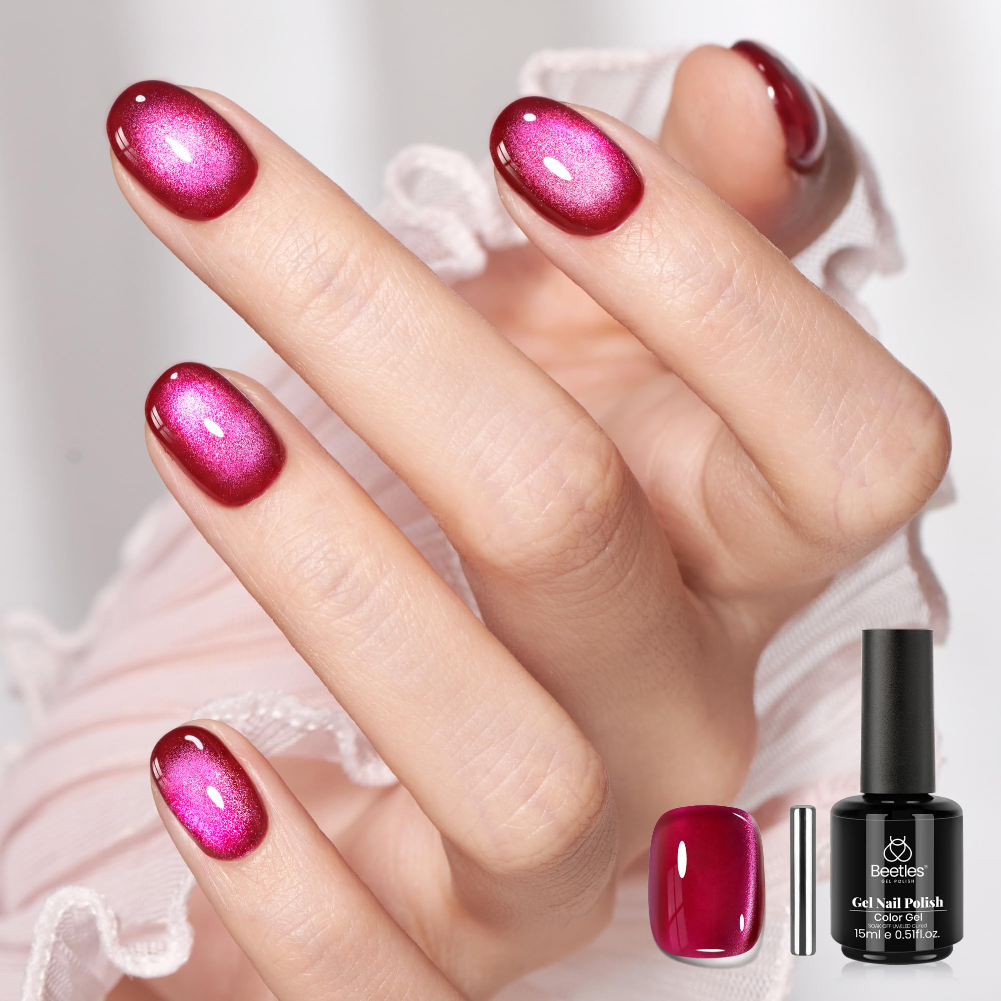Beetles Pink Cat Eye Gel Nail Polish, 15ML Gel Polish Glitter Pink Cat Eye