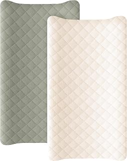 Konssy 2 Pack Quilted Muslin Changing Pad Cover, Waterproof Layer, 32"x16" | 100% Cotton Surface, Absorbent &amp; Soft, Changing Table Sheets, Full Elastic Fit, for Baby Girls &amp; Boys (Fog Green,Cream)