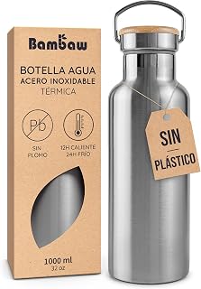 Bambaw Stainless Steel Bottle 1 Litre, Thermal Bottle 1 Liter Keeps Drinks Cold 24 Hours and Hot 12 Hours, Thermal Water Canister 1L Metal, Isothermal Carafe with Handle (Nature Steel)