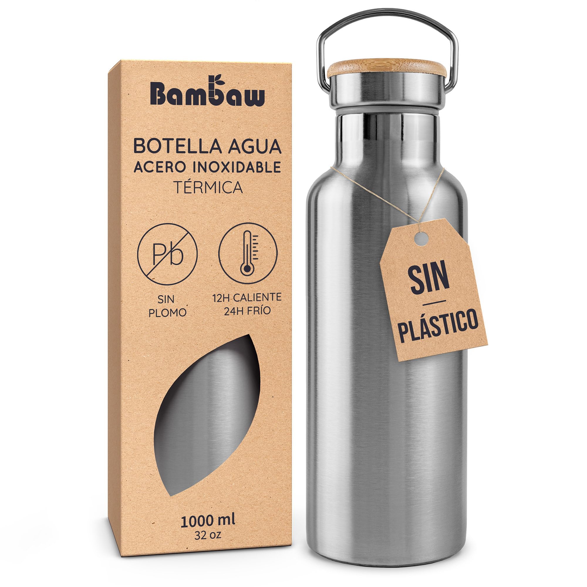 Bambaw Stainless Steel Bottle 1 Litre, Thermal Bottle 1 Liter Keeps Drinks Cold 