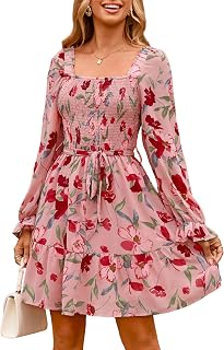 Simplee Womens Floral Long Sleeve Mini Dress Boho Square Neck Smocked A-Line Flowy Short Wedding Guest Dresses