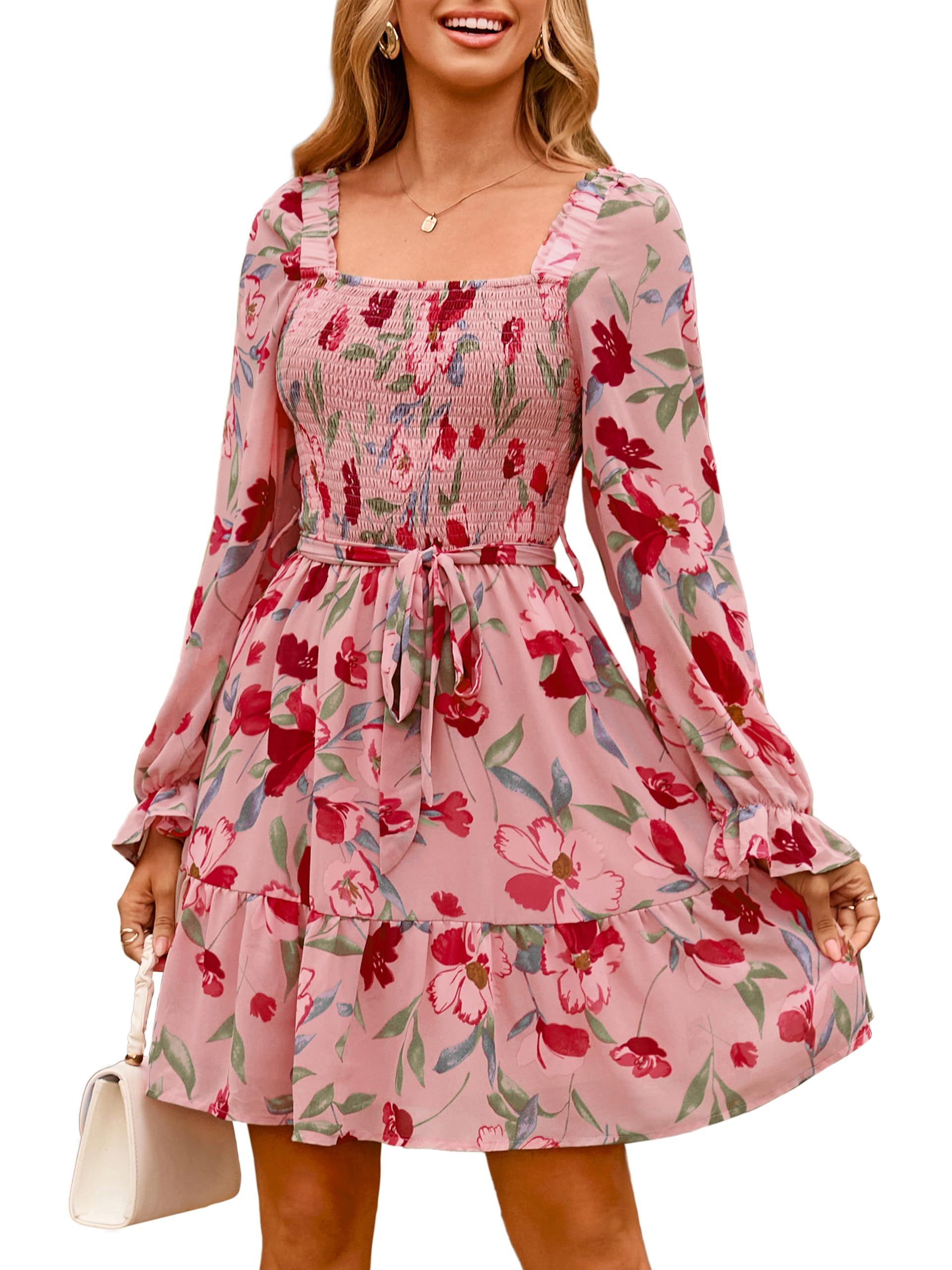 Simplee Womens Floral Long Sleeve Mini Dress Boho Square Neck Smocked A-Line Flo
