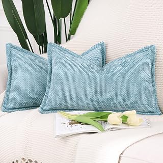 Madizz Set of 2 Soft Chenille Decorative Velvet Cushion Cover with Edge Luxury Style Pillowcases for Sofa Bedroom Light Blue Rectangular 30 x 50 cm