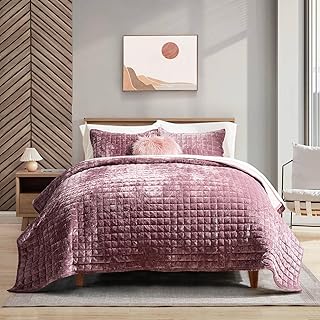 RECYCO Channel Box Stitch Velvet Quilt Set, Queen Size, Dusty Mauve Pink