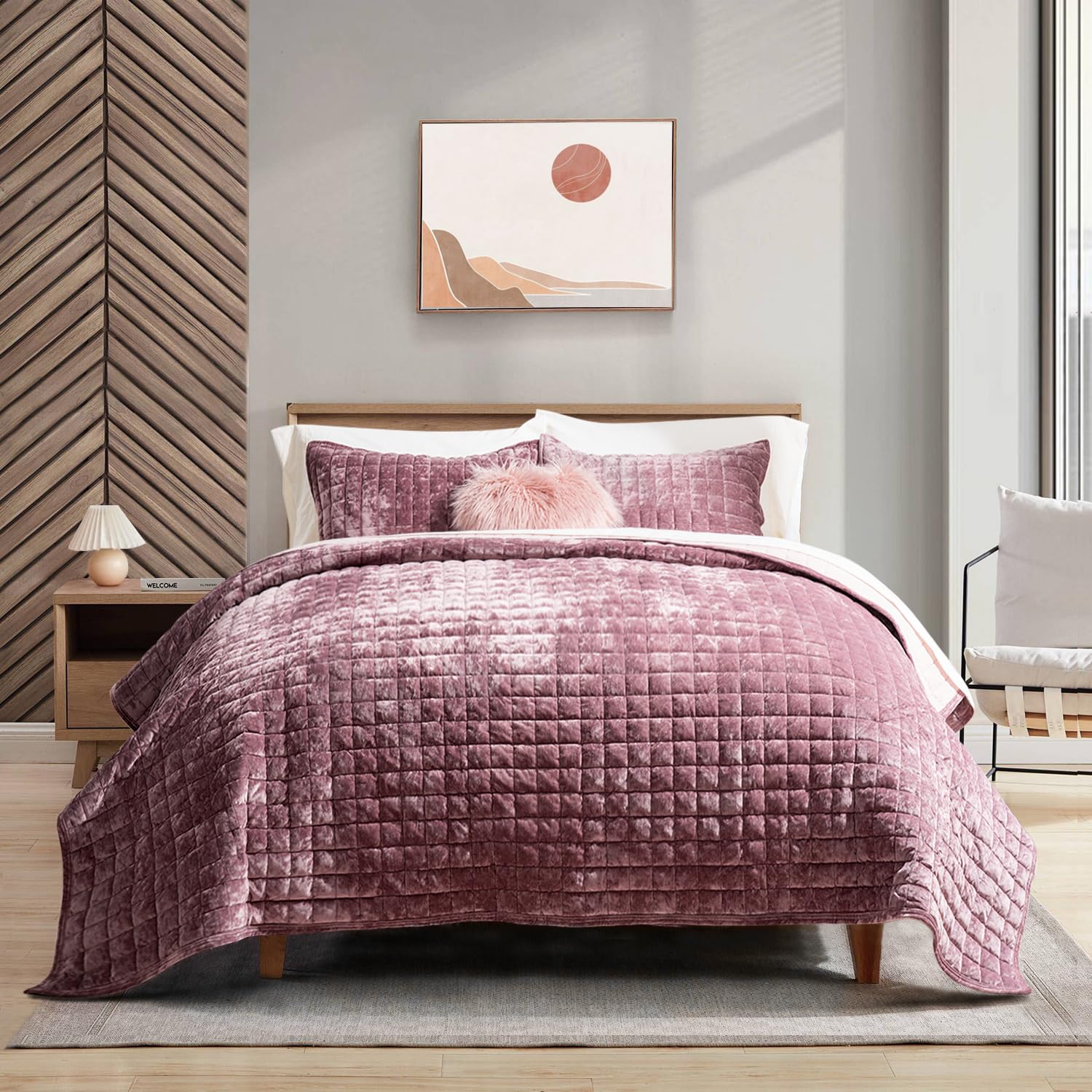RECYCO Channel Box Stitch Velvet Quilt Set, Queen Size, Dusty Mauve Pink