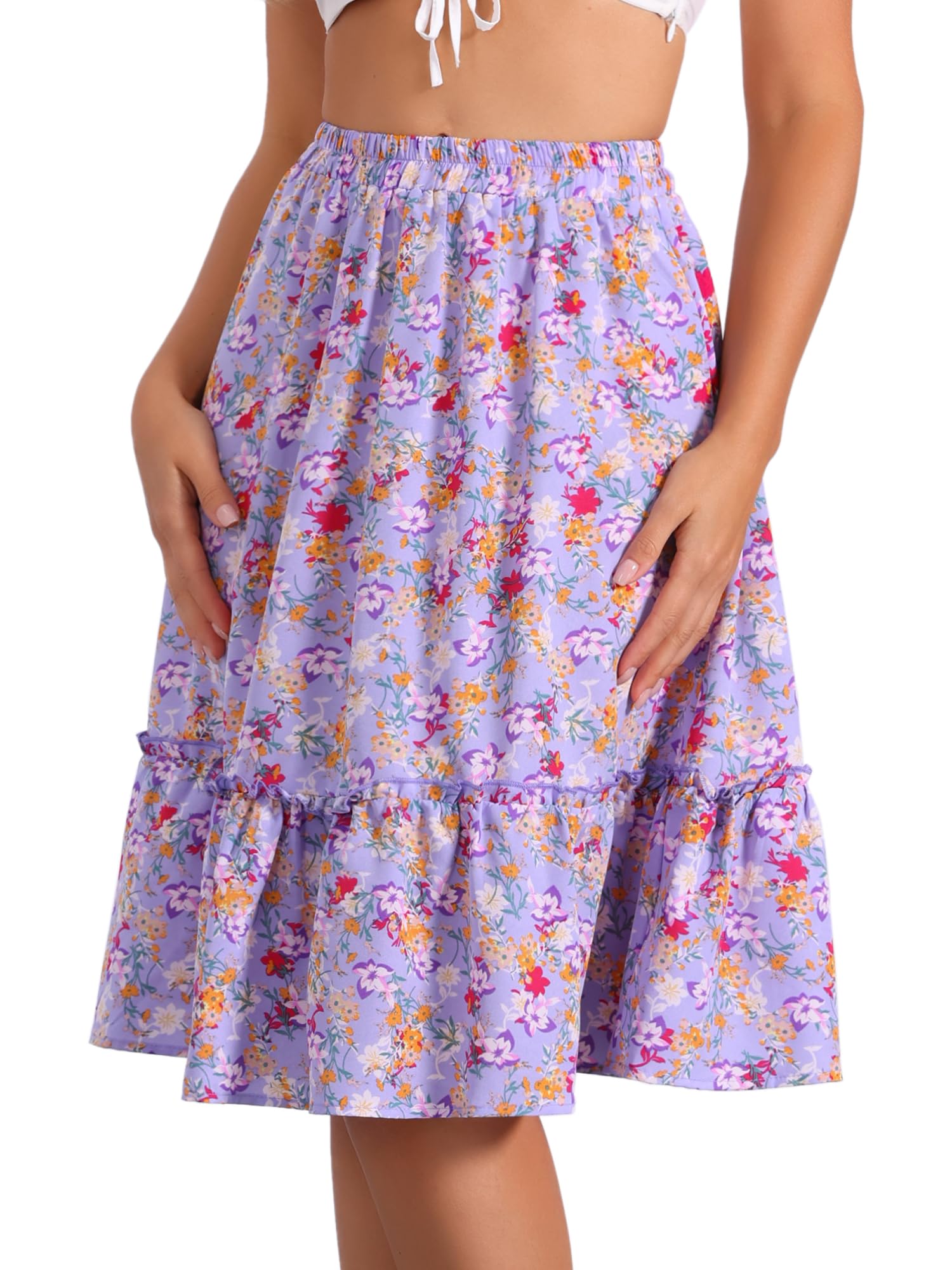 Allegra K Women Floral Knee Length Flowy Tiered A-Line Ruffle Skirt