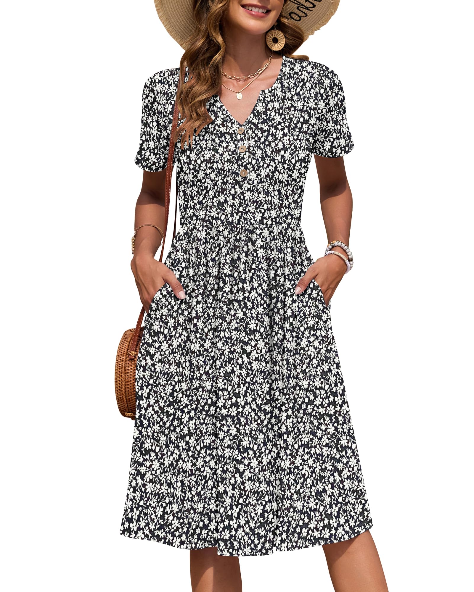 AUSELILY Women's Short Sleeve Summer Dress Knee Length Pockets