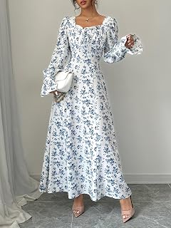 Women's Sweetheart Puff Long Sleeve Print Dresses Casual High Waist Swing Flowy A-Line Maxi Dress