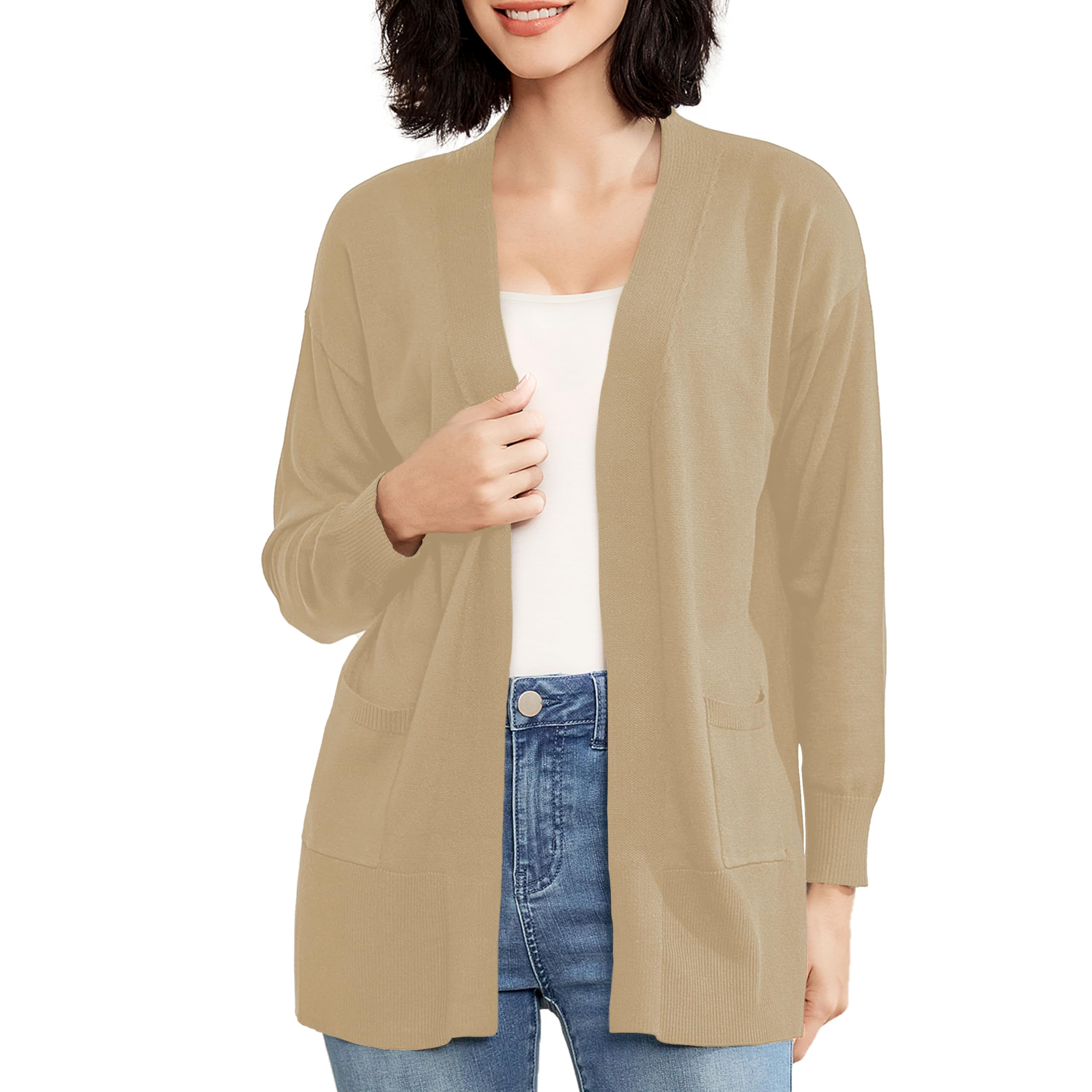 Women's Open Front Cardigan with Pockets Long Sleeve Knit Sweater
