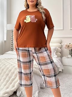 Women's Loungewear Set,2 Piece Plus Size Pajama Set,Comfy Short Sleeve Top and Plaid Capri Pants for Spring and Summer