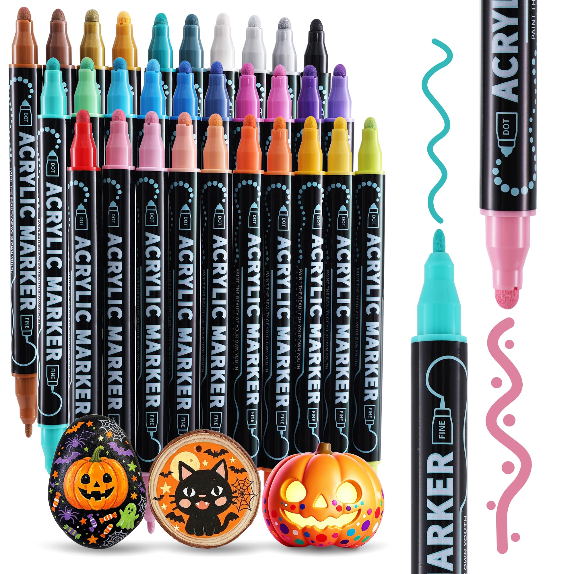 nauets 30 Colors Precision Dual Tip Acrylic Paint Markers Pens - Dot & Fine | Fo