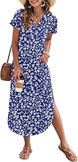 MISFAY Summer Maxi Dress for Women Casual Short Sleeve V Neck Loose Split Beach Maxi Dress