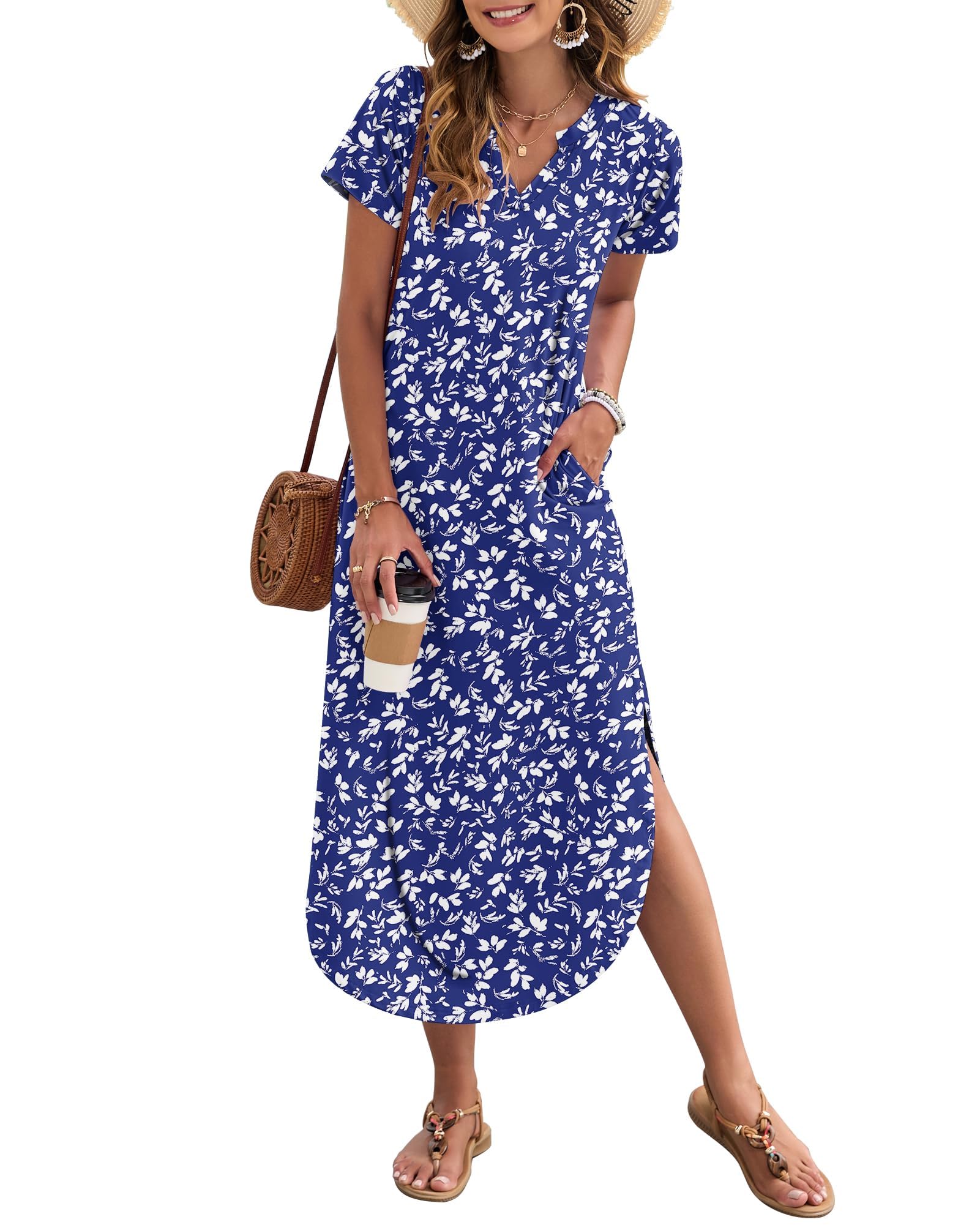 MISFAY Summer Maxi Dress for Women Casual Short Sleeve V Neck Loose Split Beach 
