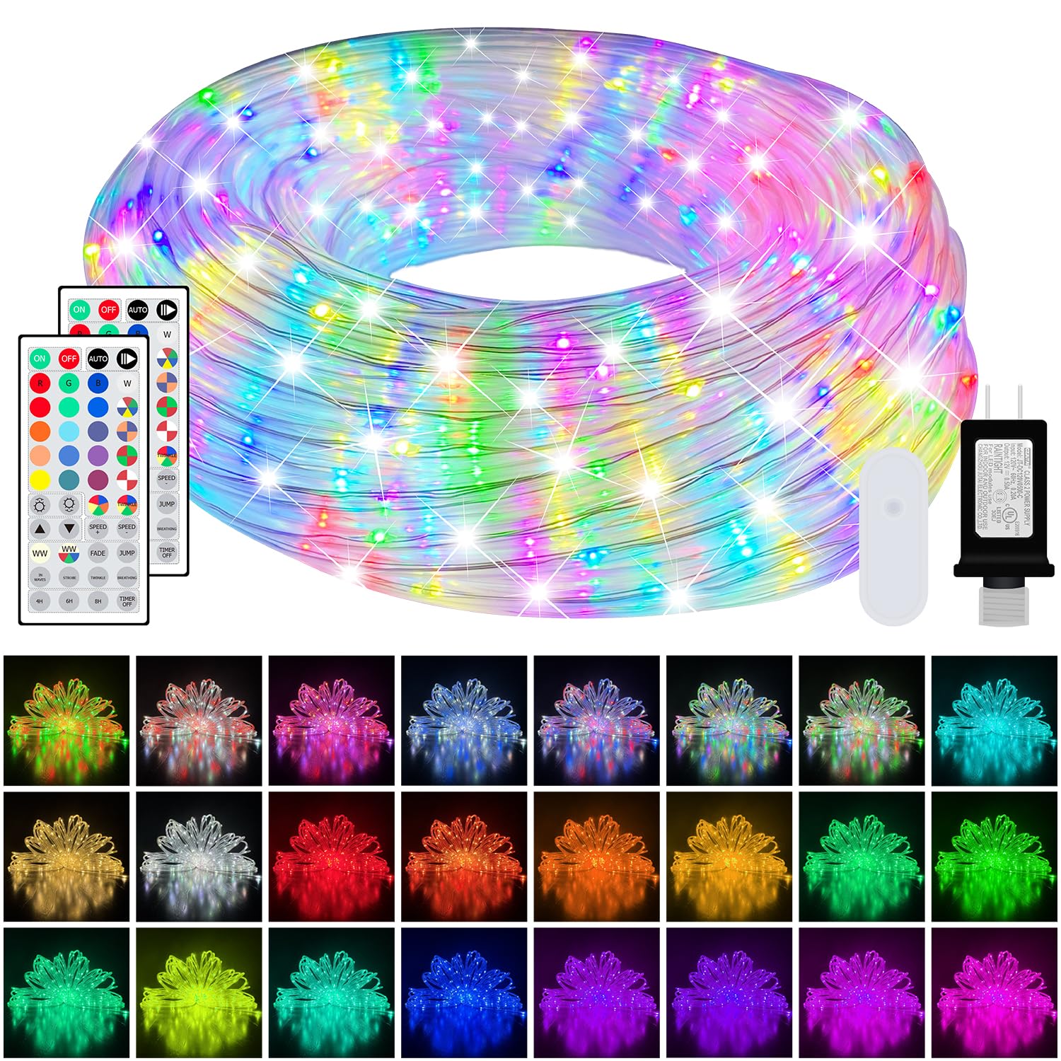 100ft LED Rope Lights 25 Colors, Outdoor IP68 Waterproof Warm White RGB Tube Str