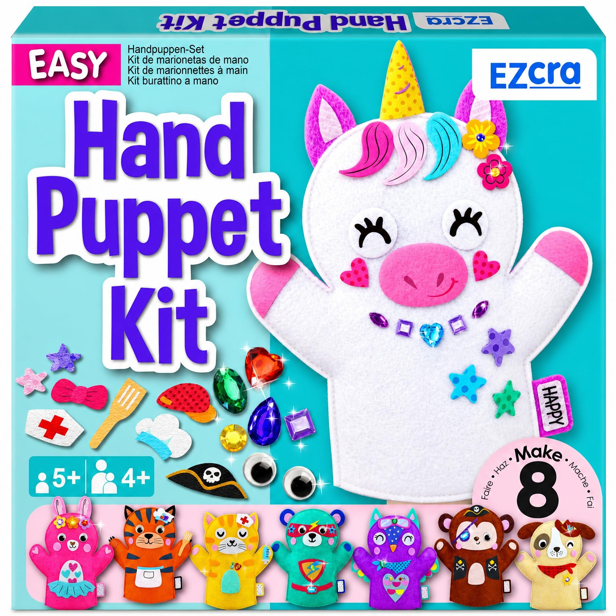 EZCRA Unicorn Hand Puppet Making Kit - 8 DIY Projects | No Glue, No Mess. Make Y