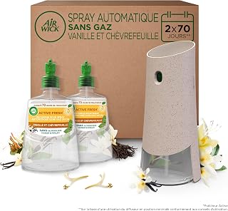 Air Wick Désodorisant Maison Spray Automatique Sans Gaz Active Fresh - 1 Diffuseur + 2 Recharges Parfum Vanille & Chèvrefeuille