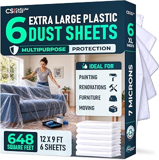 6-Pack Clear Plastic Dust Sheets for Painting & Decorating,12ft x 9ft Each | Light 7 Micron, Clear plastic sheet, Plastic sheeting, Painting tools, Decorating tools, Polythene sheeting, Furniture Cover