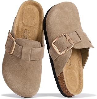 Project Cloud 100% Genuine Leather Clogs for Women Shoes - Memory Foam Insole, Non-Slip & Natural Cork Footbed Arch Support Big Buckle Womens Clogs and Mules Footwear (Manchester)